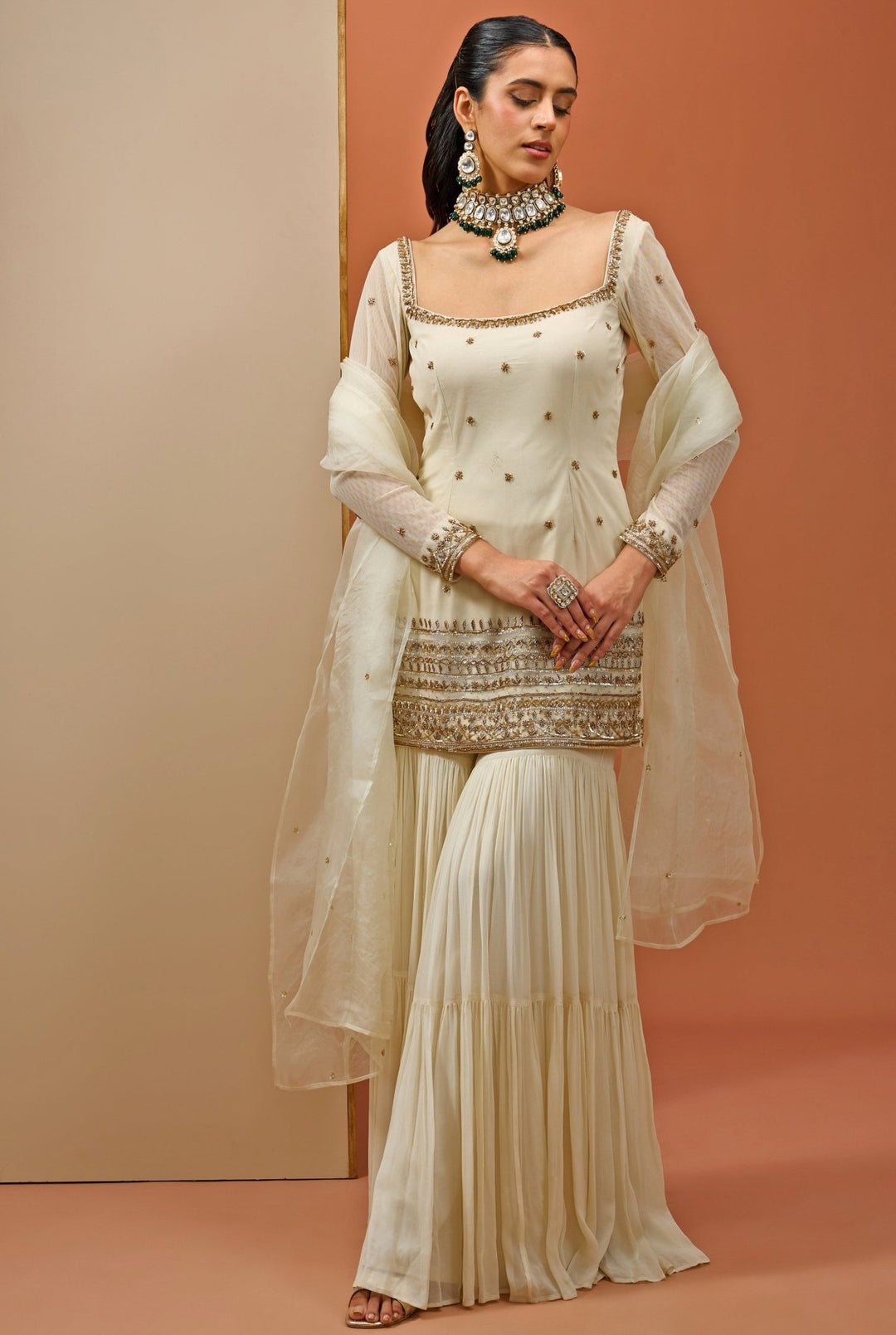 Off - White And Gold Embellished Kurta Sharara Set Esha Koul - Fabilicious Fashion