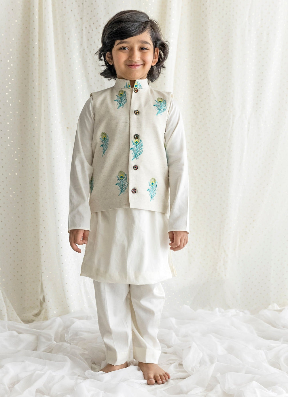 Off White Cotton Bundi Jacket Set Chotibuti - Fabilicious Fashion