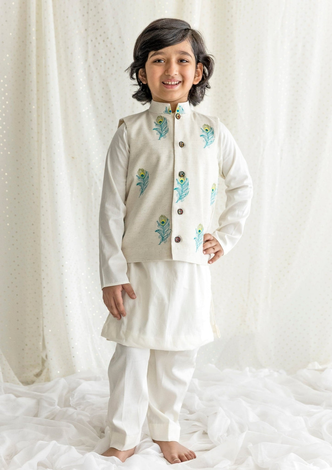 Off White Cotton Bundi Jacket Set Chotibuti - Fabilicious Fashion