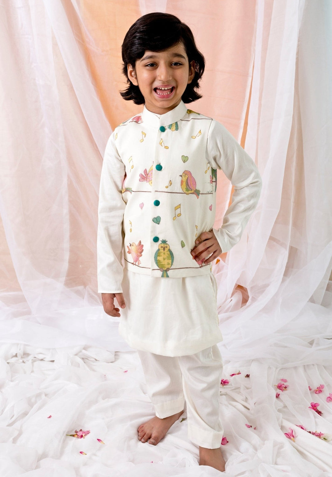 Off White Cotton Kurta Bundi Set Chotibuti - Fabilicious Fashion