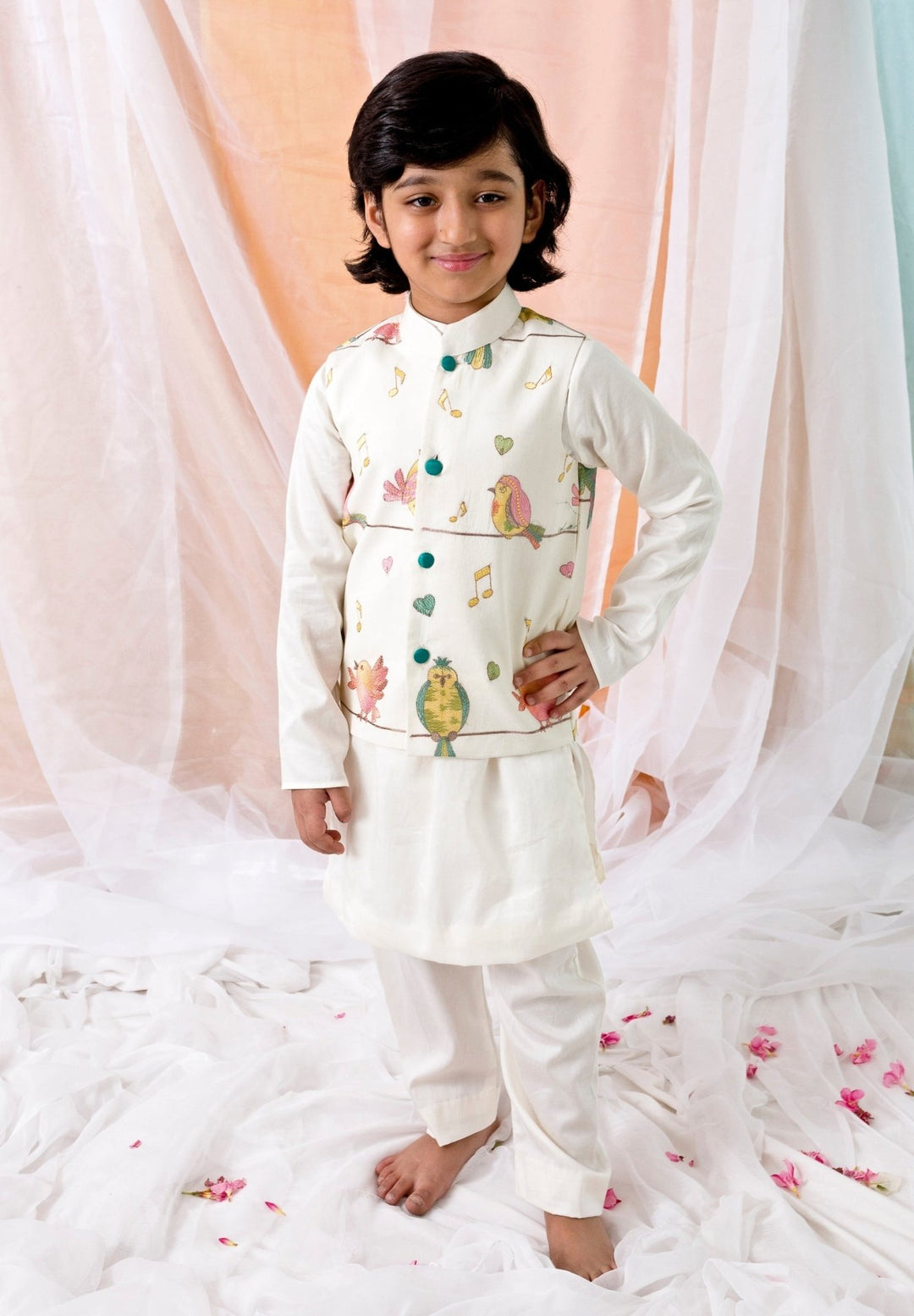 Off White Cotton Kurta Bundi Set Chotibuti - Fabilicious Fashion
