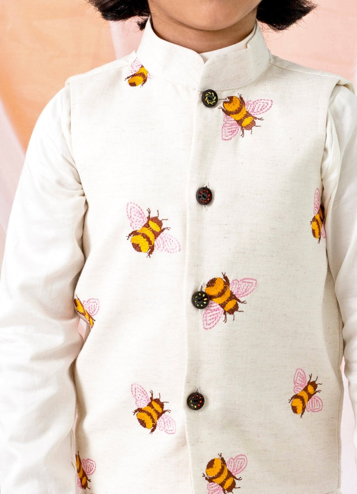 Off White Cotton Kurta Set With Bundi Chotibuti - Fabilicious Fashion