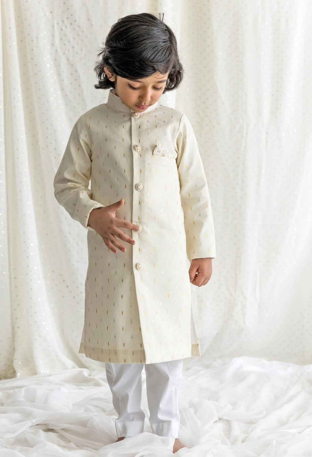 Off White Cotton Sherwani Set Chotibuti - Fabilicious Fashion