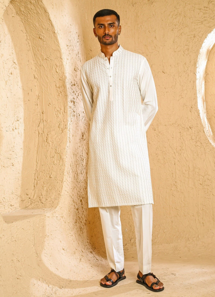 Off White Cotton Silk Pintux Kurta Set Chatenya Mittal - Fabilicious Fashion