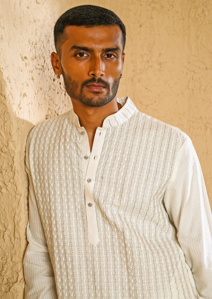Off White Cotton Silk Pintux Kurta Set Chatenya Mittal - Fabilicious Fashion