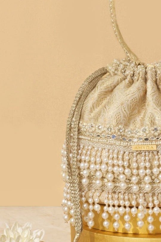 Off White Embellished Bucket Bag AMYRA - Fabilicious Fashion