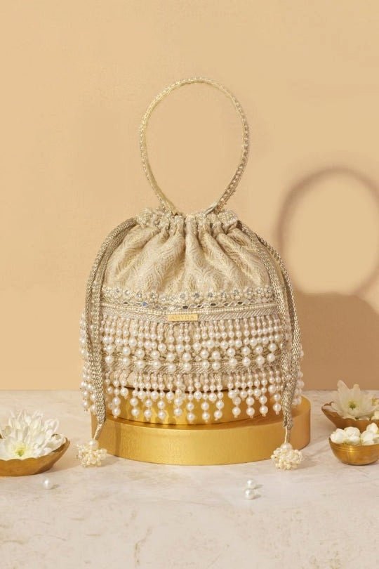 Off White Embellished Bucket Bag AMYRA - Fabilicious Fashion