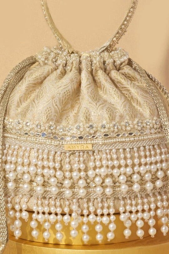Off White Embellished Bucket Bag AMYRA - Fabilicious Fashion