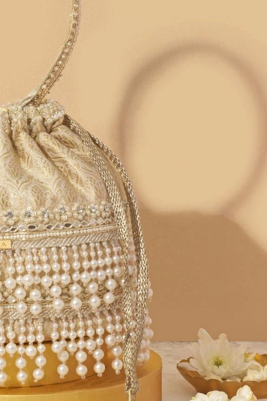 Off White Embellished Bucket Bag AMYRA - Fabilicious Fashion