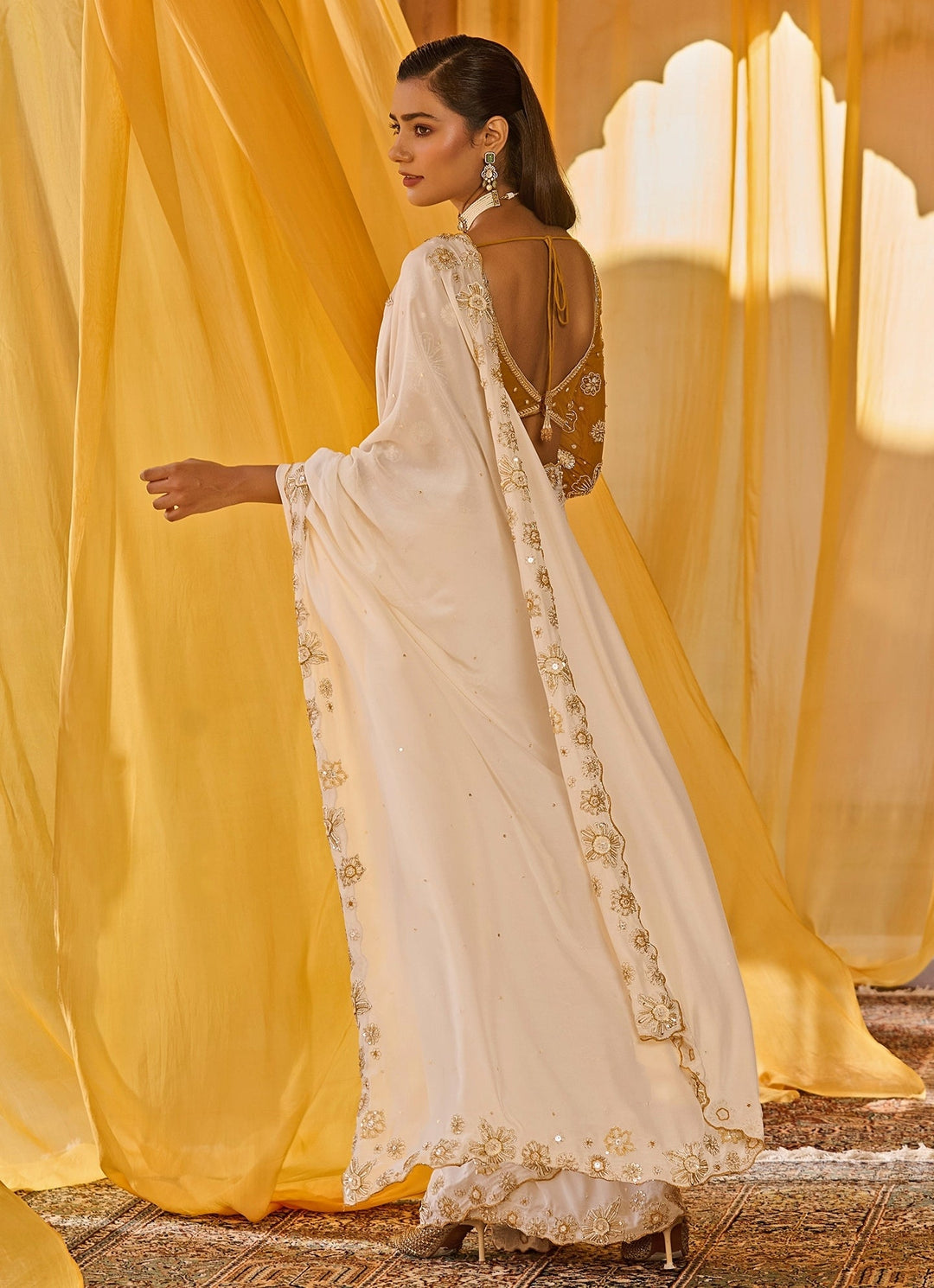 Off White Embroidered Chiffon Saree Set Zoon Tribe - Fabilicious Fashion