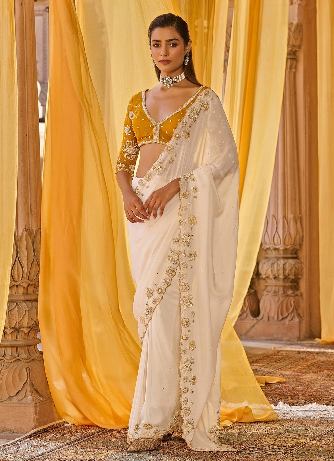 Off White Embroidered Chiffon Saree Set Zoon Tribe - Fabilicious Fashion