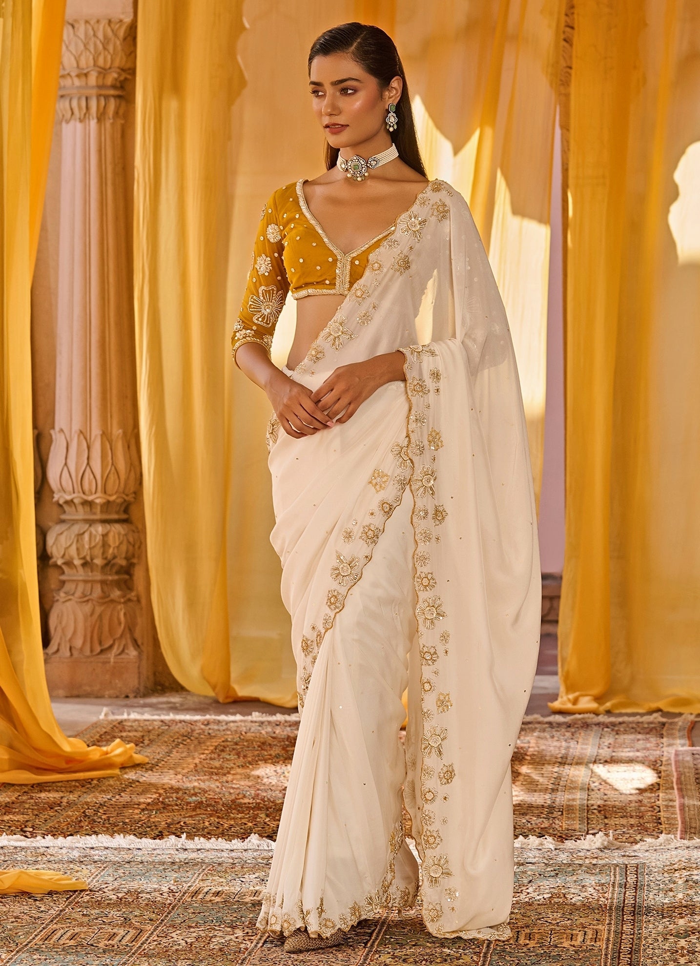 Off white embroidered chiffon saree for bride to be Indian wedding event
