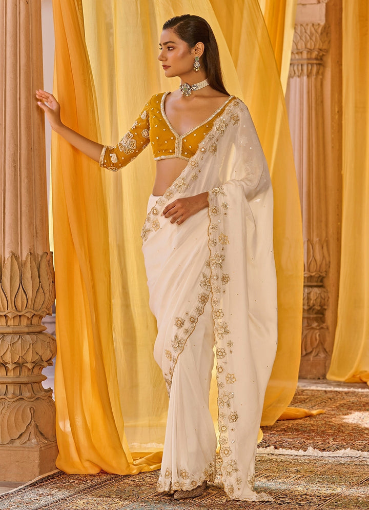 Off White Embroidered Chiffon Saree Set Zoon Tribe - Fabilicious Fashion