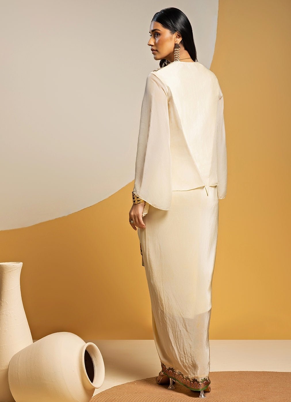 Off White Embroidered Crepe Drape Skirt Set Soup by Sougat Paul - Fabilicious Fashion