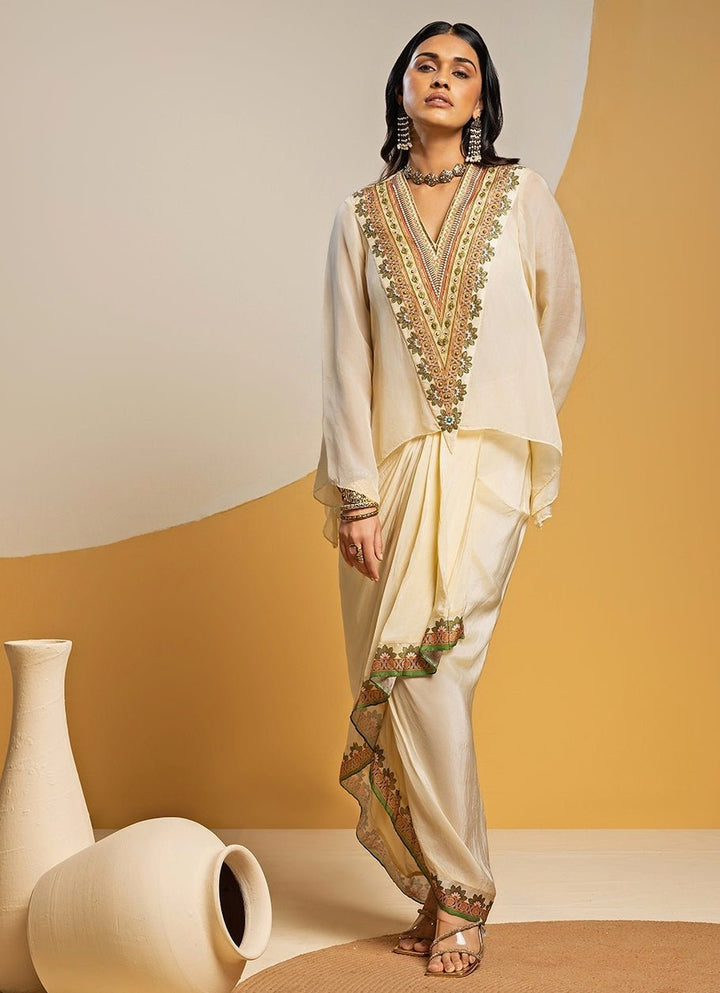Off White Embroidered Crepe Drape Skirt Set Soup by Sougat Paul - Fabilicious Fashion