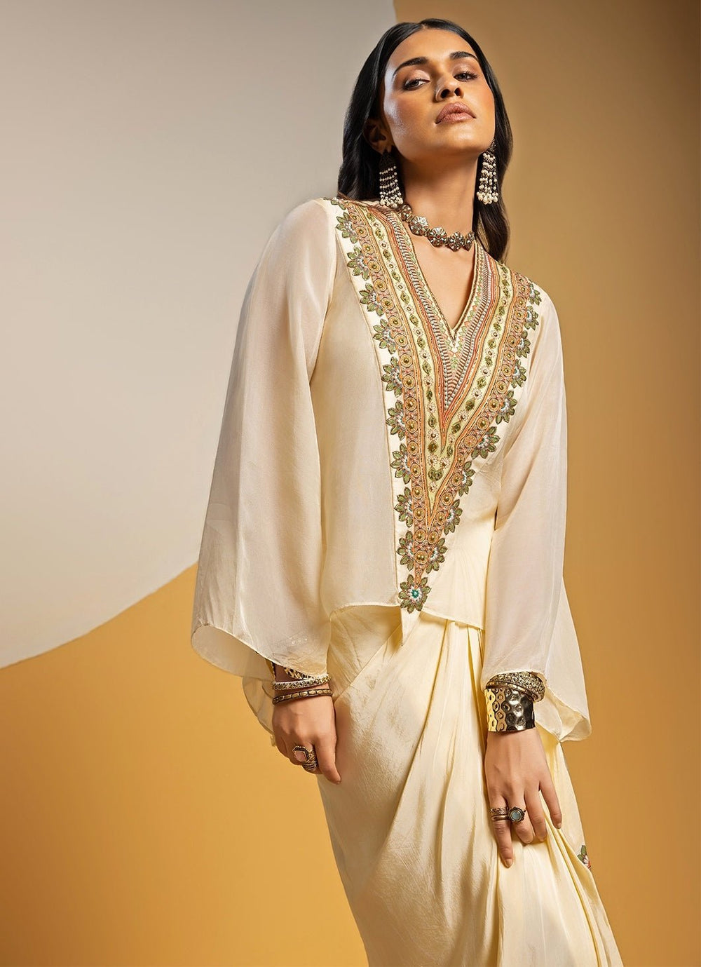 Off White Embroidered Crepe Drape Skirt Set Soup by Sougat Paul - Fabilicious Fashion