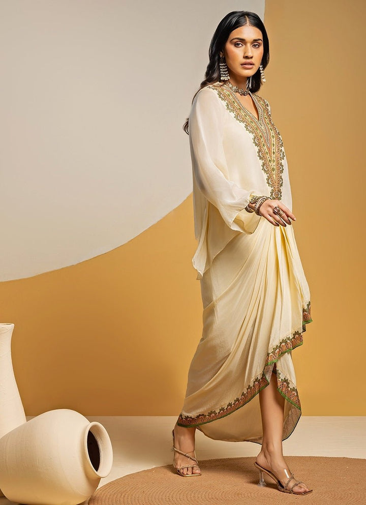 Off White Embroidered Crepe Drape Skirt Set Soup by Sougat Paul - Fabilicious Fashion