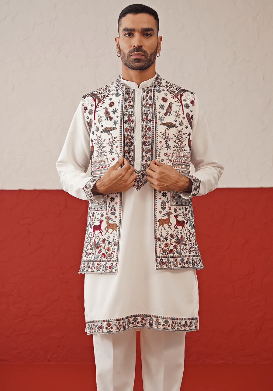 Off White Embroidered Kurta Set With Jacket Kalpraag - Fabilicious Fashion
