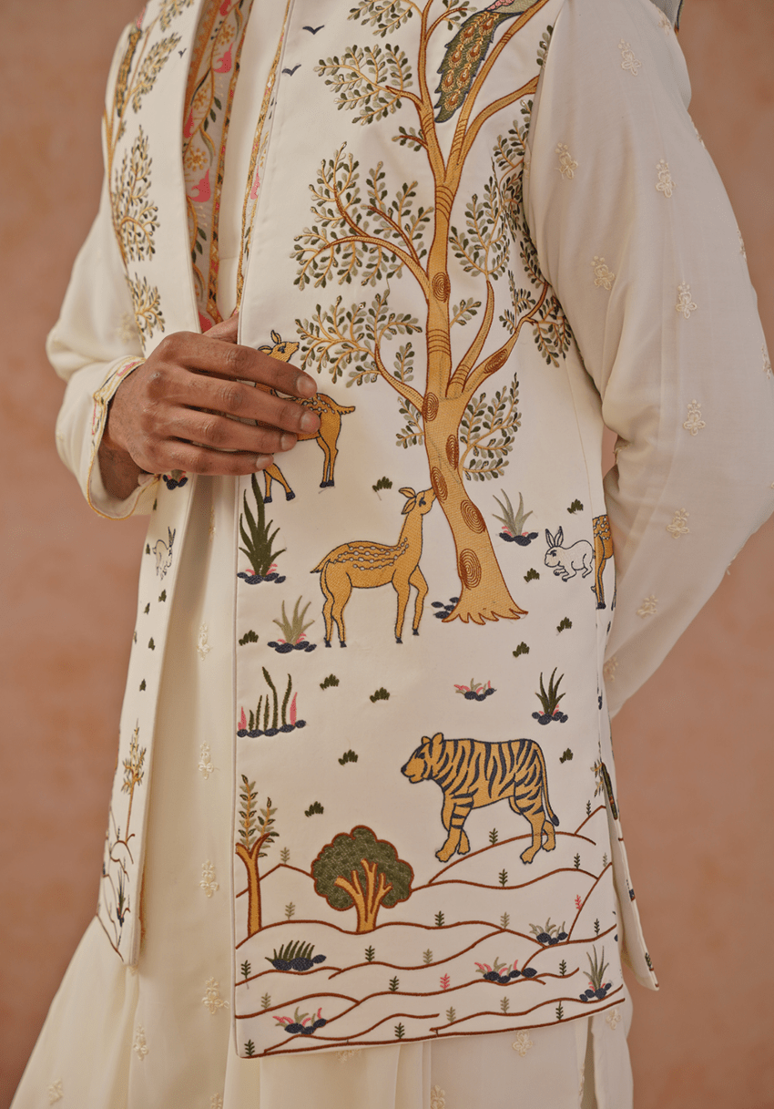 Off White Embroidered Kurta Set With Jacket Kalpraag - Fabilicious Fashion