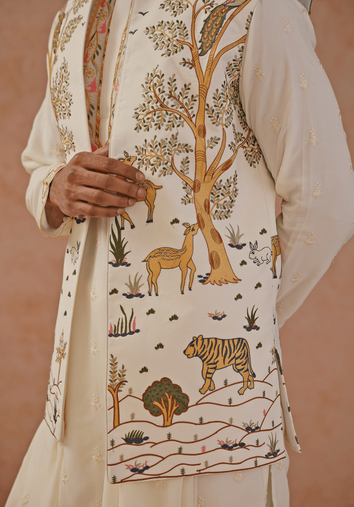 Off White Embroidered Kurta Set With Jacket Kalpraag - Fabilicious Fashion