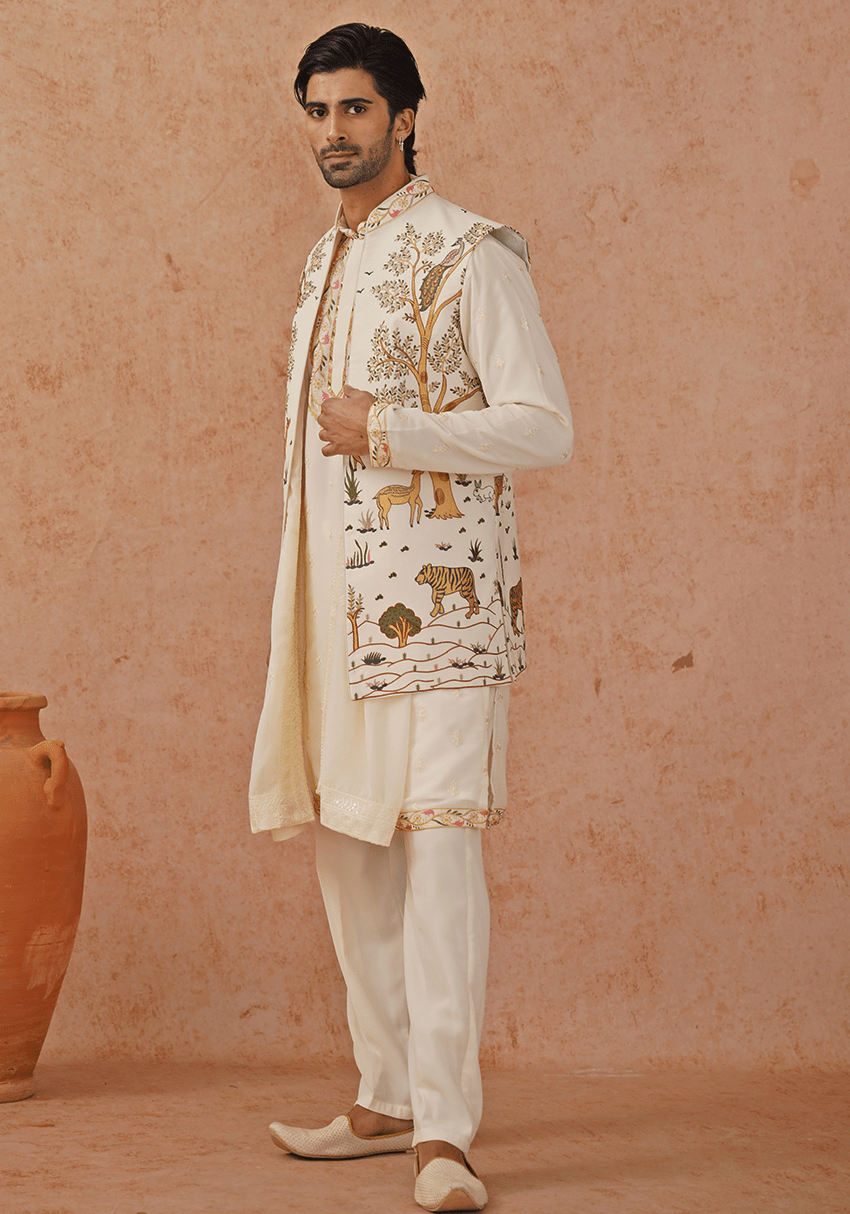 Off White Embroidered Kurta Set With Jacket Kalpraag - Fabilicious Fashion