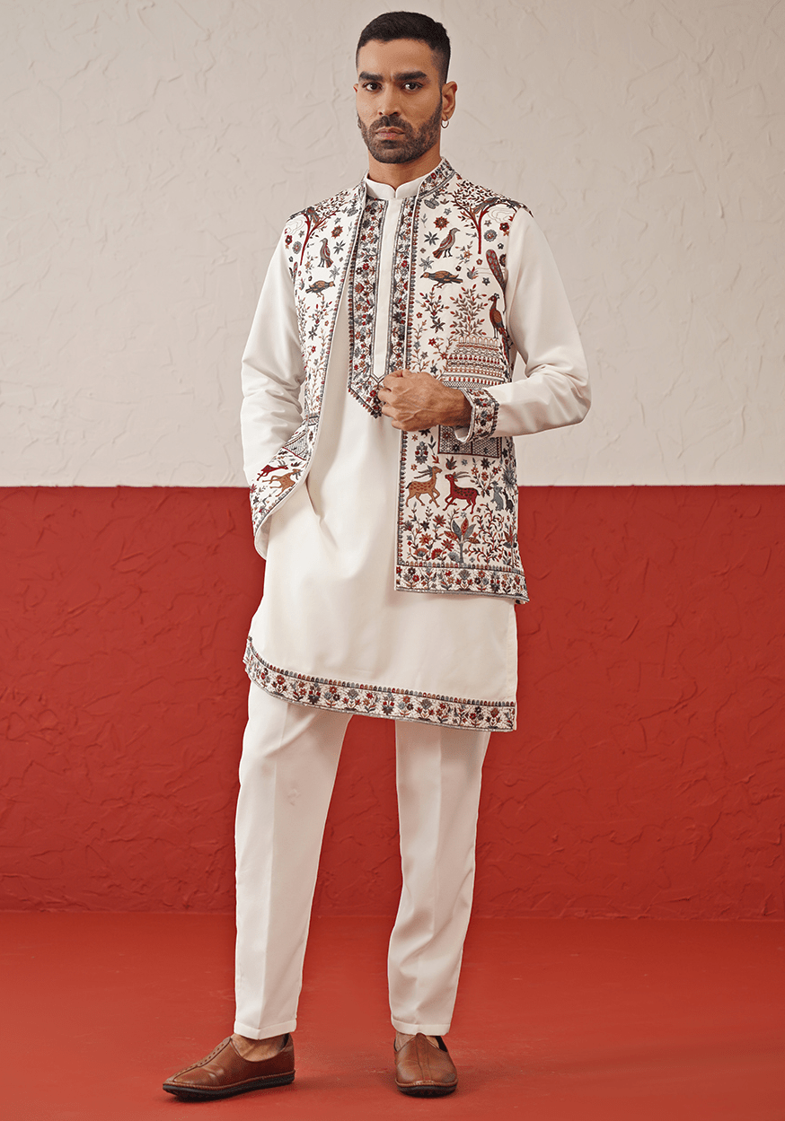 Off White Embroidered Kurta Set With Jacket Kalpraag - Fabilicious Fashion