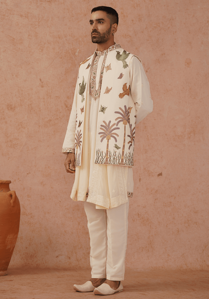 Off White Embroidered Kurta Set With Jacket Kalpraag - Fabilicious Fashion