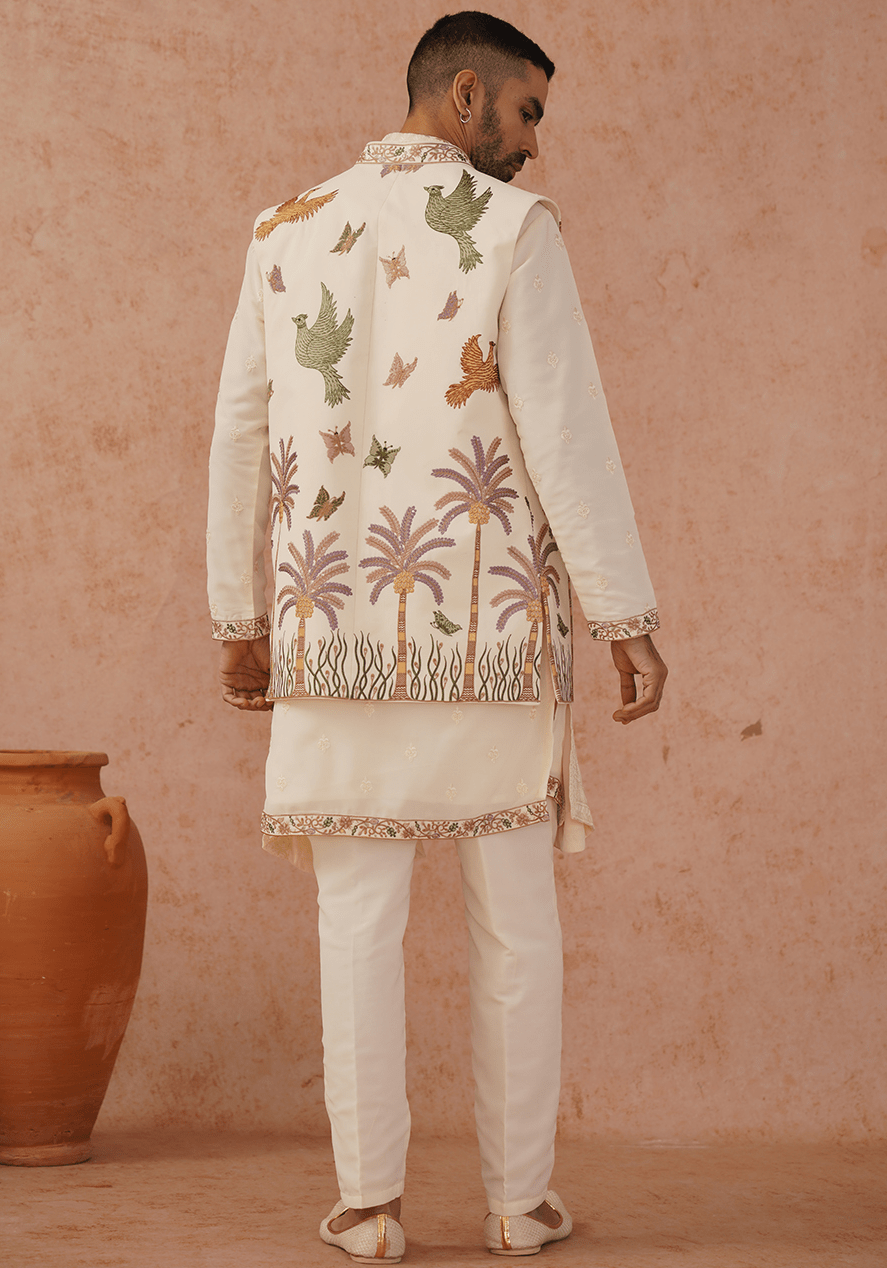 Off White Embroidered Kurta Set With Jacket Kalpraag - Fabilicious Fashion