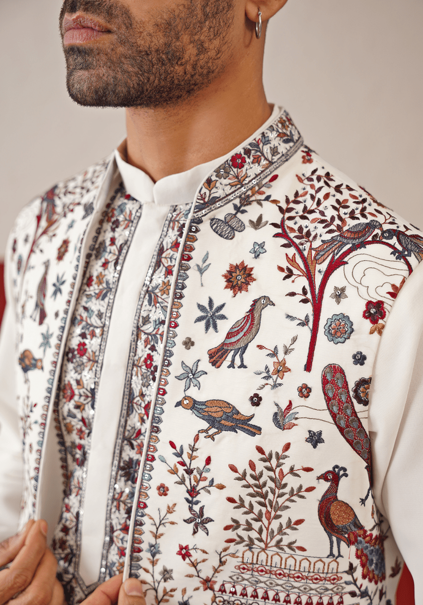 Off White Embroidered Kurta Set With Jacket Kalpraag - Fabilicious Fashion
