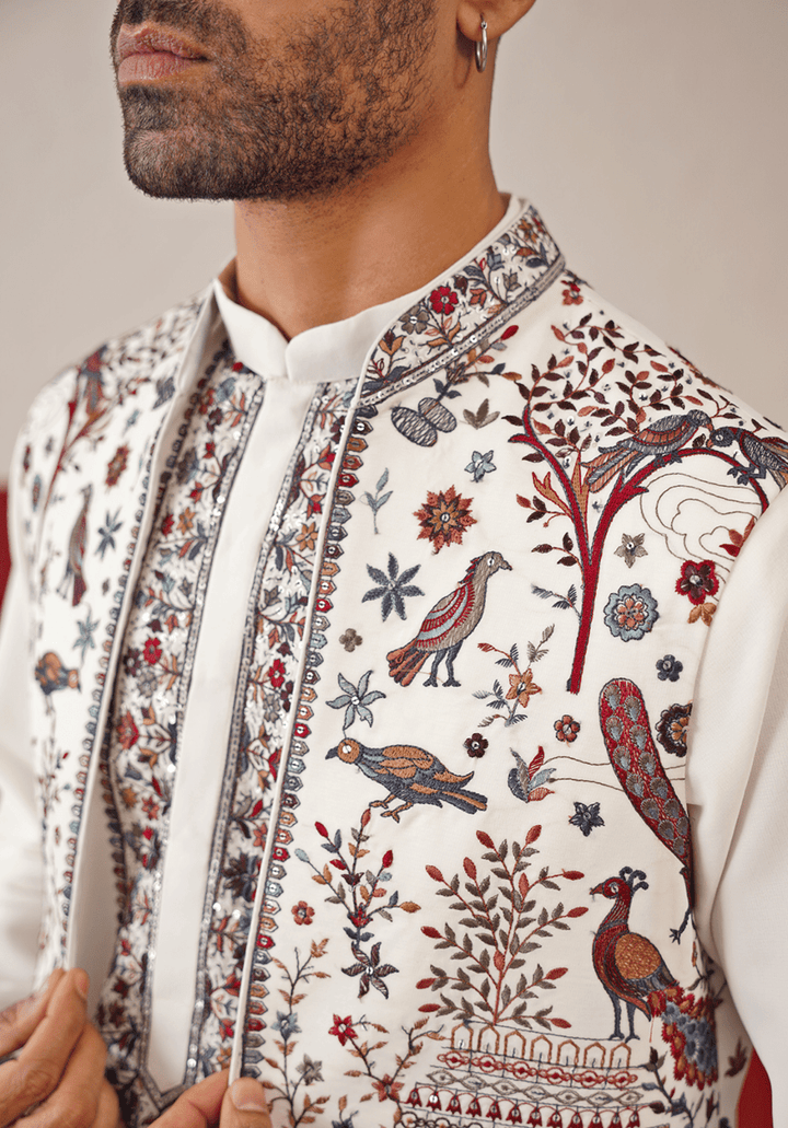 Off White Embroidered Kurta Set With Jacket Kalpraag - Fabilicious Fashion