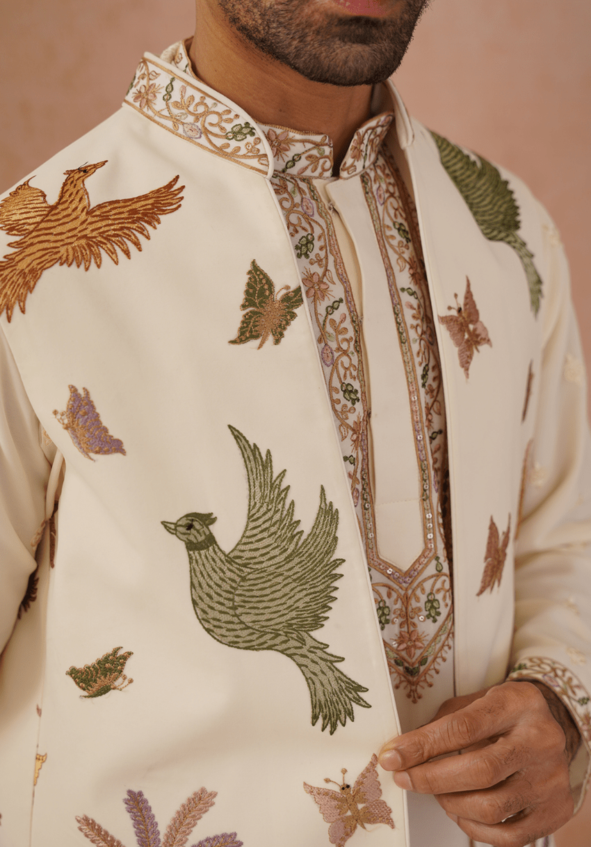 Off White Embroidered Kurta Set With Jacket Kalpraag - Fabilicious Fashion
