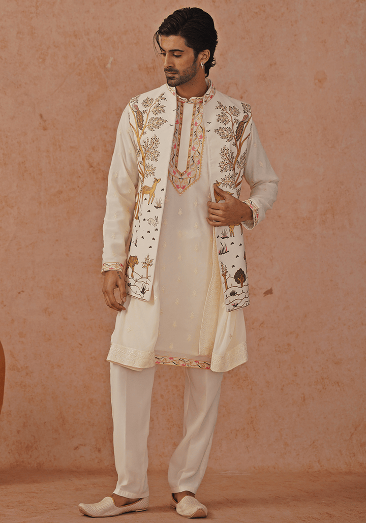 Off White Embroidered Kurta Set With Jacket Kalpraag - Fabilicious Fashion