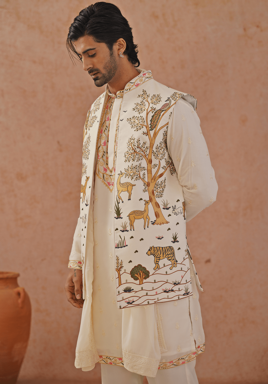 Off White Embroidered Kurta Set With Jacket Kalpraag - Fabilicious Fashion