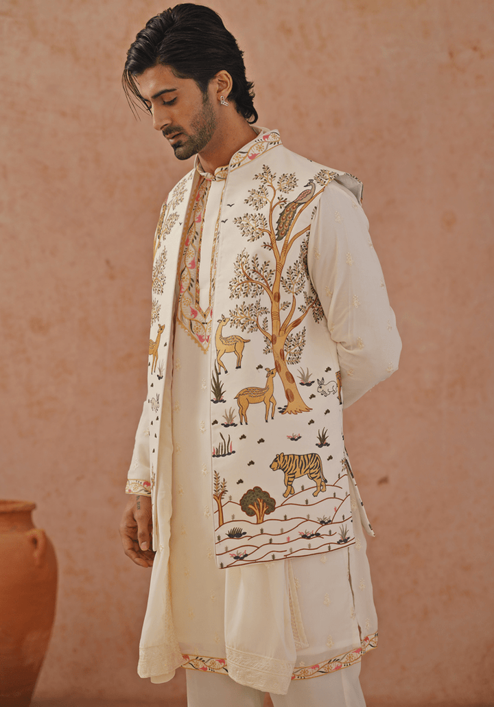 Off White Embroidered Kurta Set With Jacket Kalpraag - Fabilicious Fashion