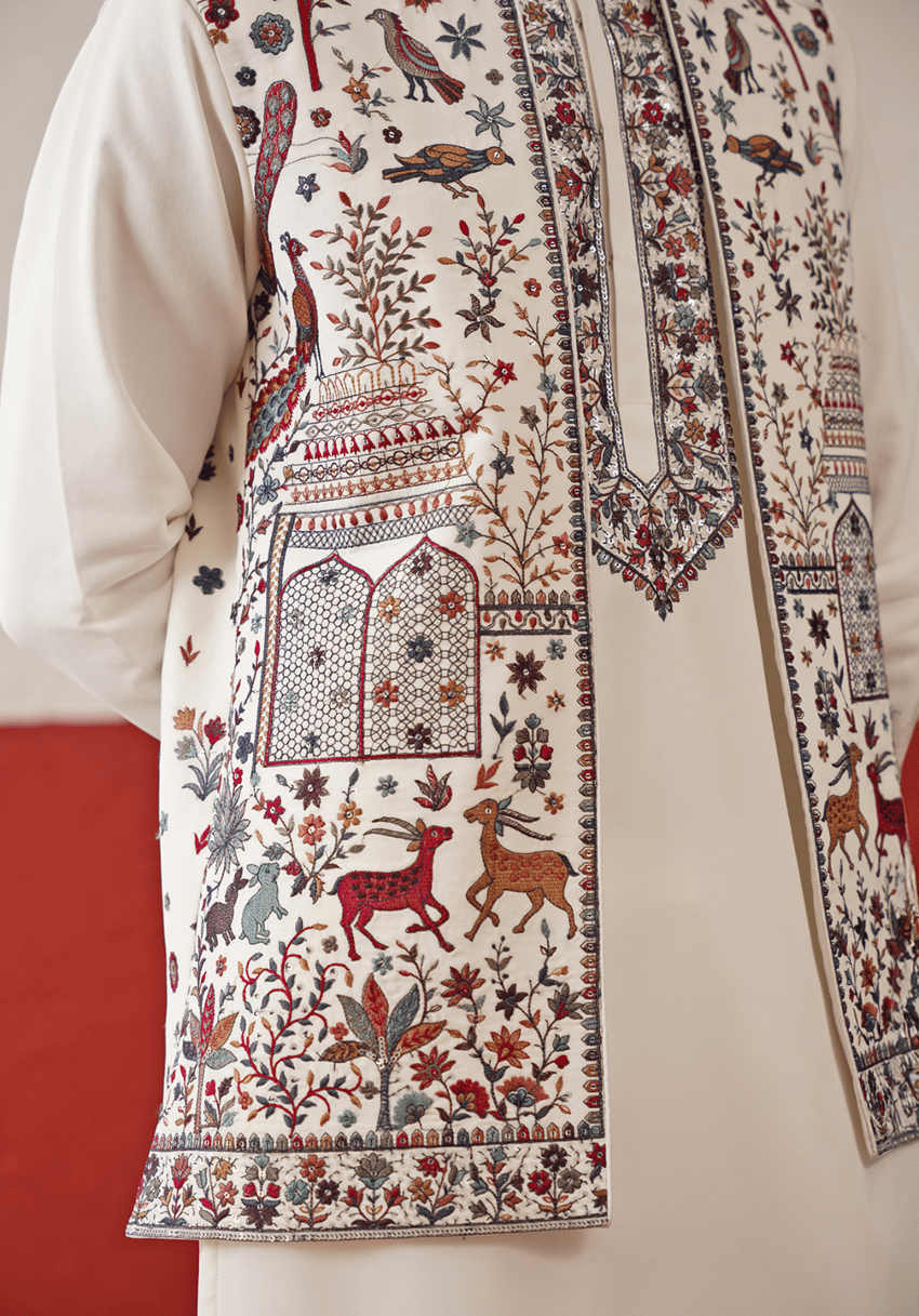 Off White Embroidered Kurta Set With Jacket Kalpraag - Fabilicious Fashion