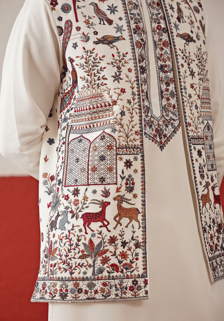 Off White Embroidered Kurta Set With Jacket Kalpraag - Fabilicious Fashion