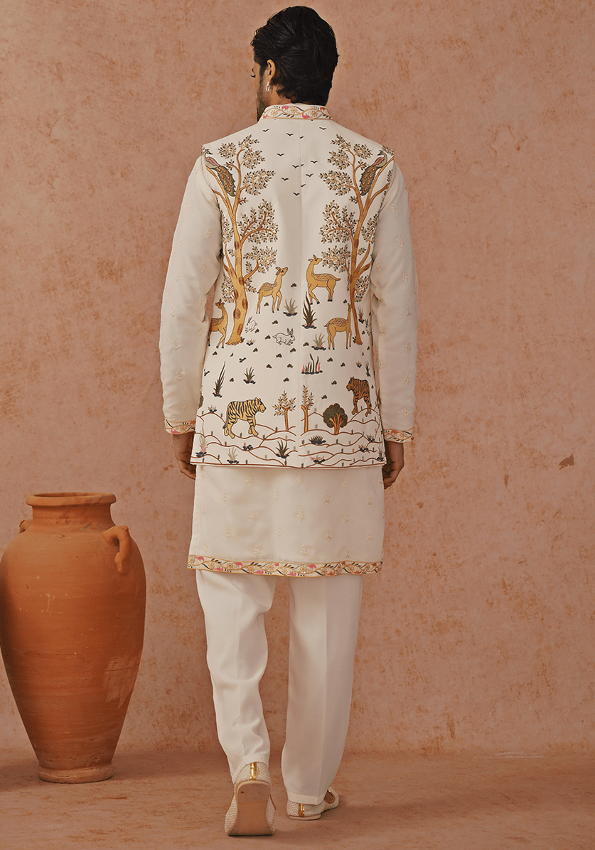 Off White Embroidered Kurta Set With Jacket Kalpraag - Fabilicious Fashion