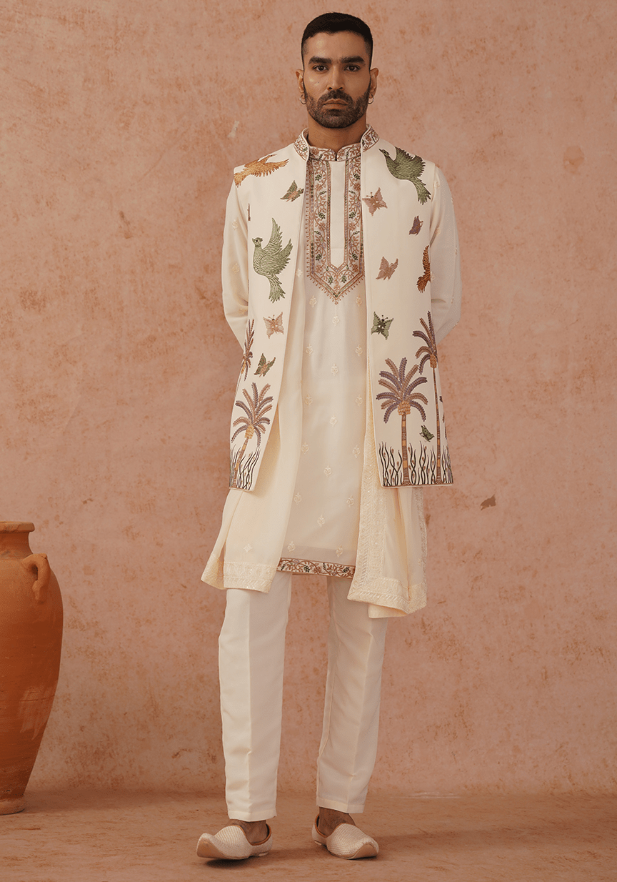 Off White Embroidered Kurta Set With Jacket Kalpraag - Fabilicious Fashion