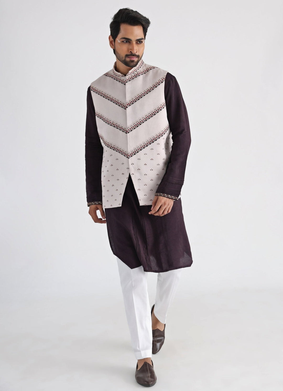 Off White Embroidered Nehru Jacket With Brown Kurta Set Smriti - Fabilicious Fashion