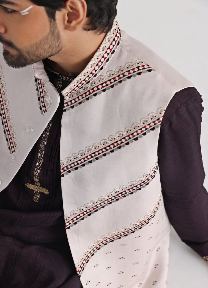 Off White Embroidered Nehru Jacket With Brown Kurta Set Smriti - Fabilicious Fashion