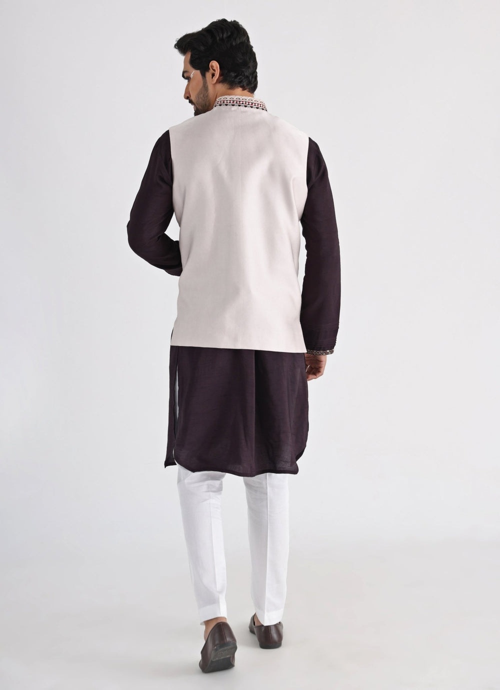 Off White Embroidered Nehru Jacket With Brown Kurta Set Smriti - Fabilicious Fashion
