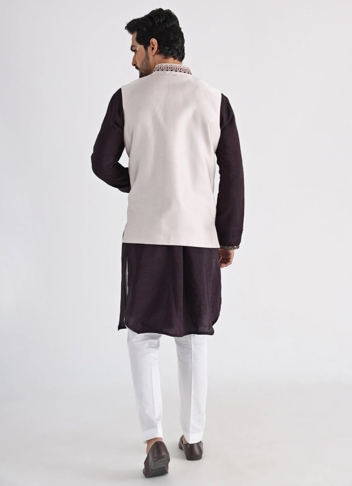 Off White Embroidered Nehru Jacket Smriti - Fabilicious Fashion