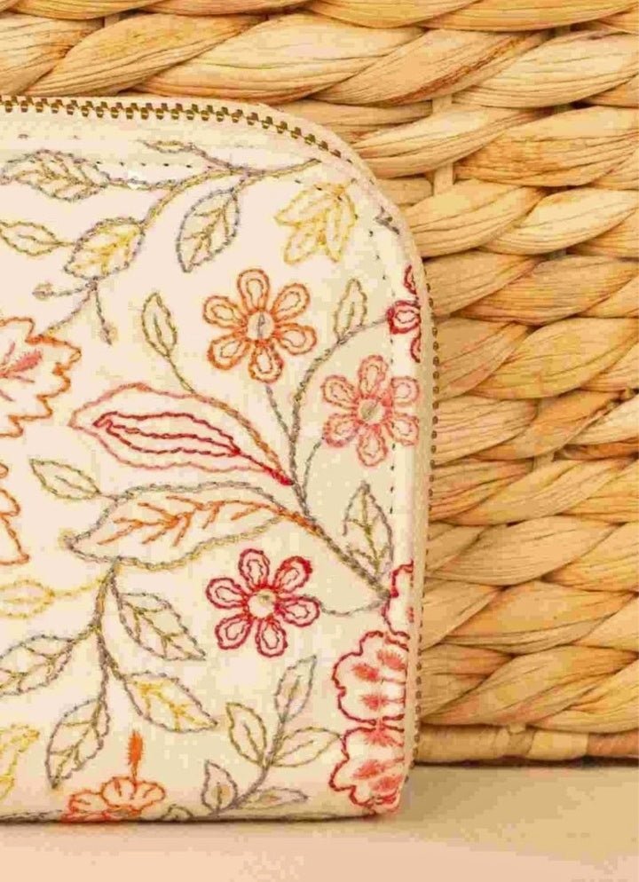 Off - White Embroidered Zip Wallet AMYRA - Fabilicious Fashion