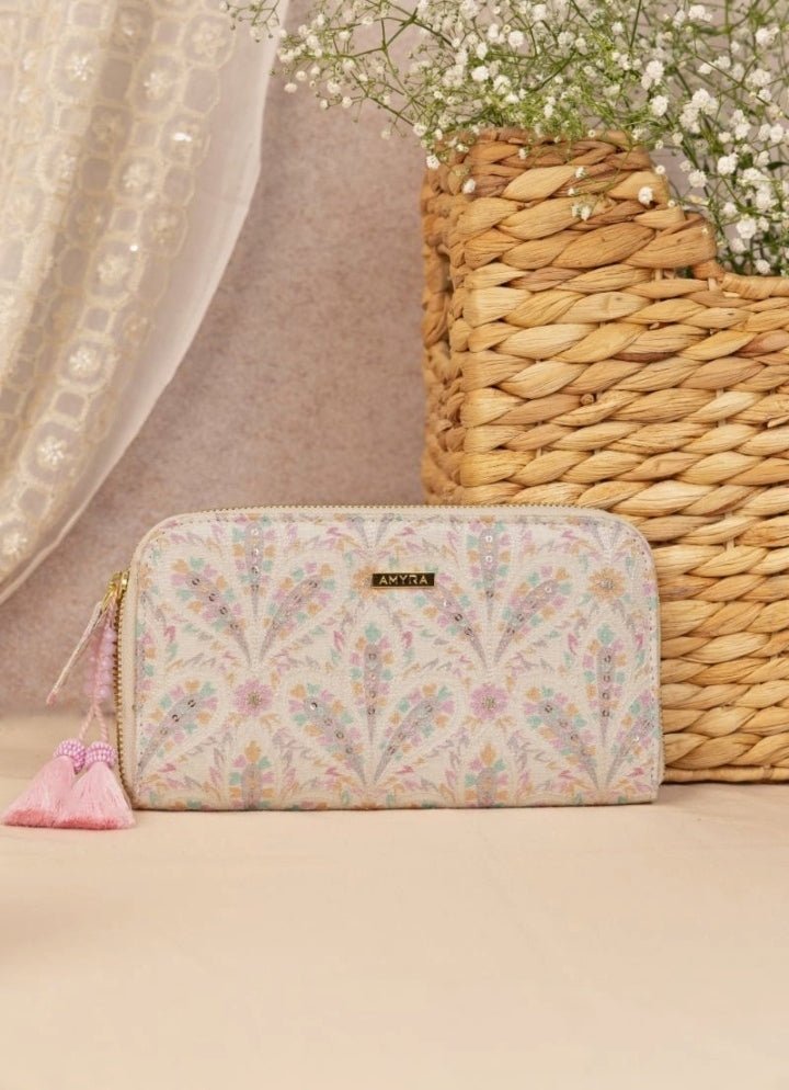 Off White Embroidered Zip Wallet AMYRA - Fabilicious Fashion