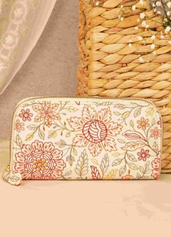 Off - White Embroidered Zip Wallet AMYRA - Fabilicious Fashion