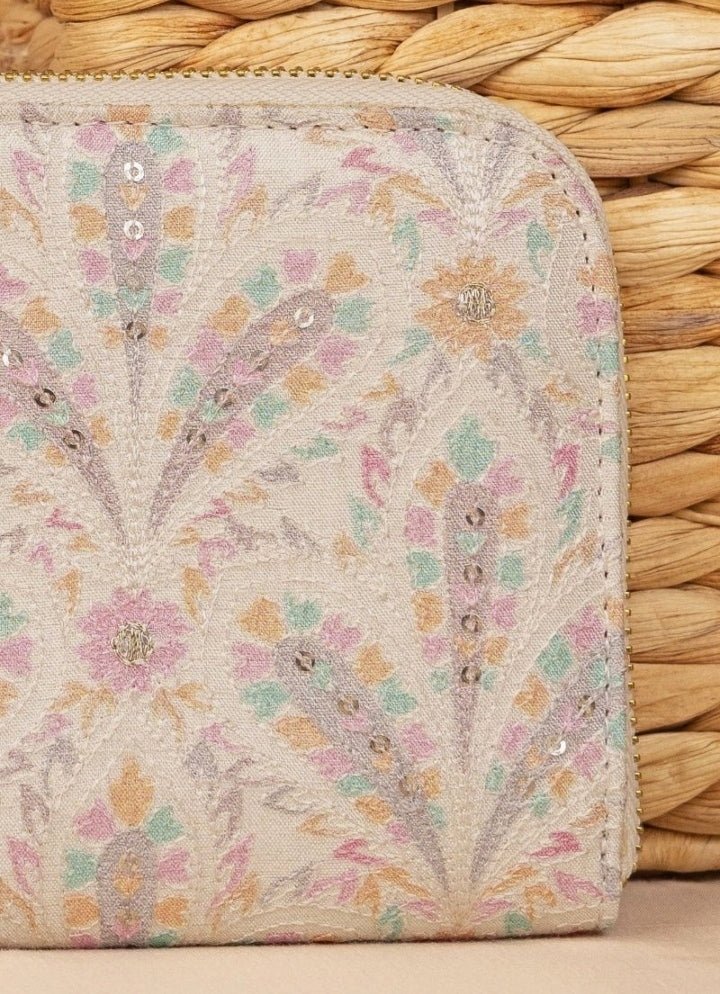 Off White Embroidered Zip Wallet AMYRA - Fabilicious Fashion