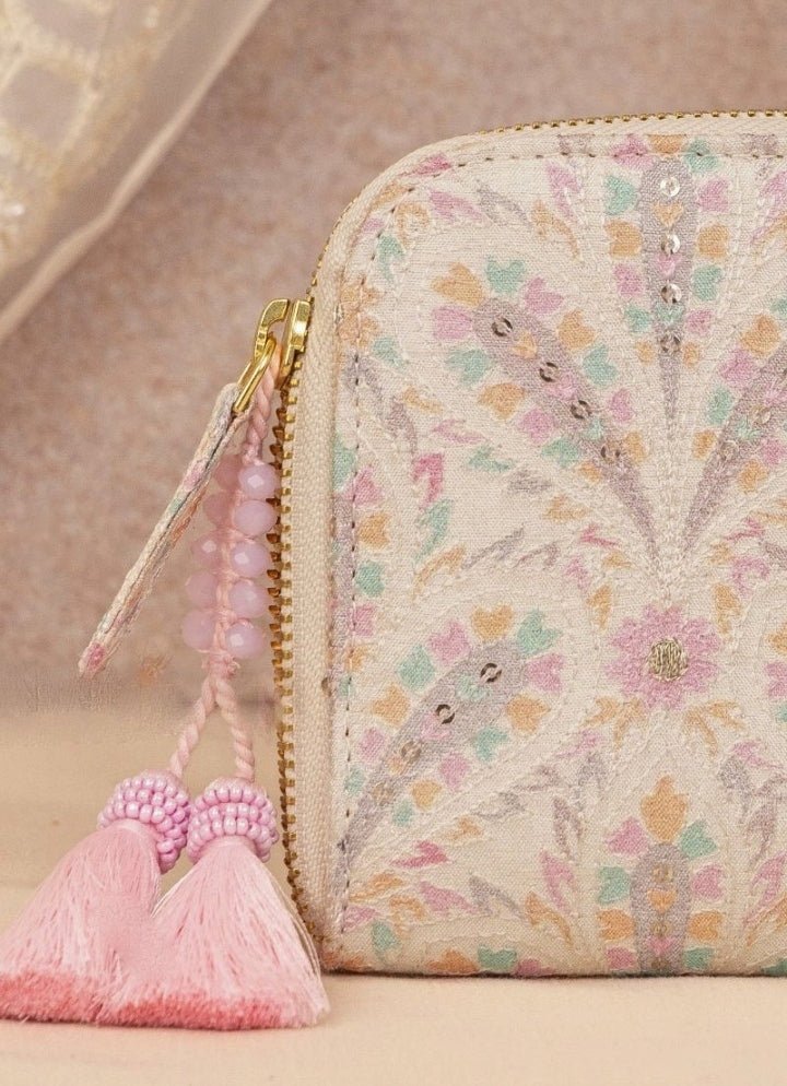 Off White Embroidered Zip Wallet AMYRA - Fabilicious Fashion