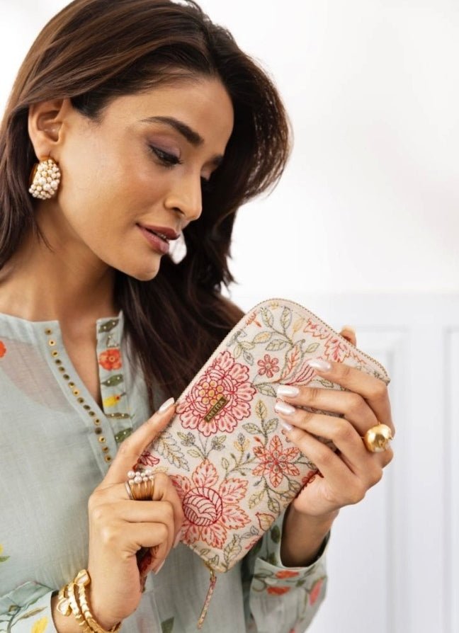 Off - White Embroidered Zip Wallet AMYRA - Fabilicious Fashion