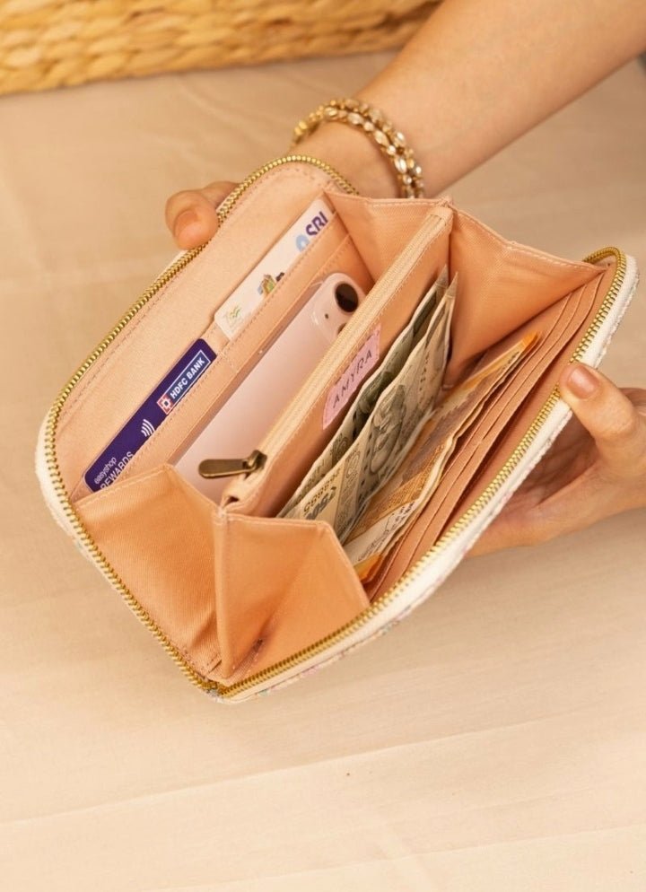 Off White Embroidered Zip Wallet AMYRA - Fabilicious Fashion