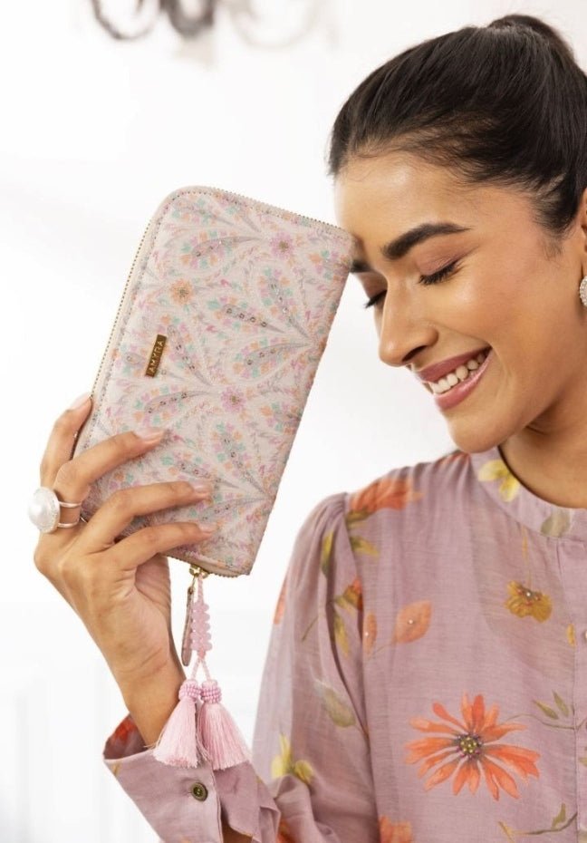 Off White Embroidered Zip Wallet AMYRA - Fabilicious Fashion
